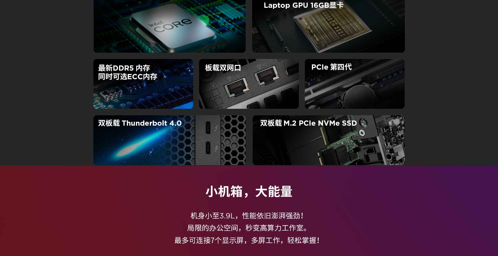 联想Think Station P3 ULTRA工作站，超小型规格却具备高性能，可支持7屏开展多任务办公